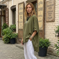 Bluză de Vară Oversize din In și Bumbac pentru Femei, Cămașă Lejeră cu Tiv Asimetric, Stil Boho Casual, Material Respirabil, Mărimi Mari