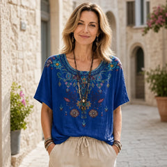 Bluză de Vară Stil Boho Chic pentru Femei, Cămașă Retro cu Imprimeu Etnic Floral, Top Lejer cu Mânecă Scurtă și Decolteu Rotund