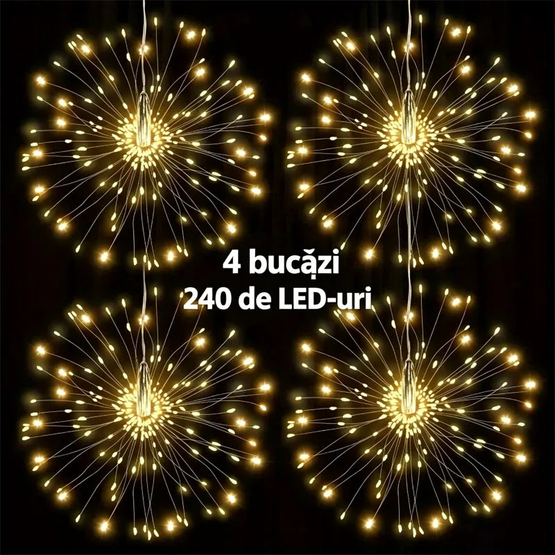 ✨Set 4 în 1 Artificii Solare Suspendate, Ghirlandă Luminoasă cu 240 LED-uri, Panou Solar Mare și Telecomandă, Impermeabil pentru Camping și Grădină