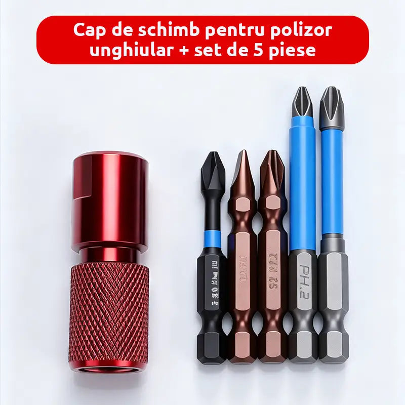 【Adaptor Polizor + Set 5 Biți (6 Piese)】Adaptor de Conversie pentru Polizor Unghiular | Mandrină Rapidă Hexagonală cu Auto-Blocare, Eliberare Rapidă și Tratament Anti-Rugină