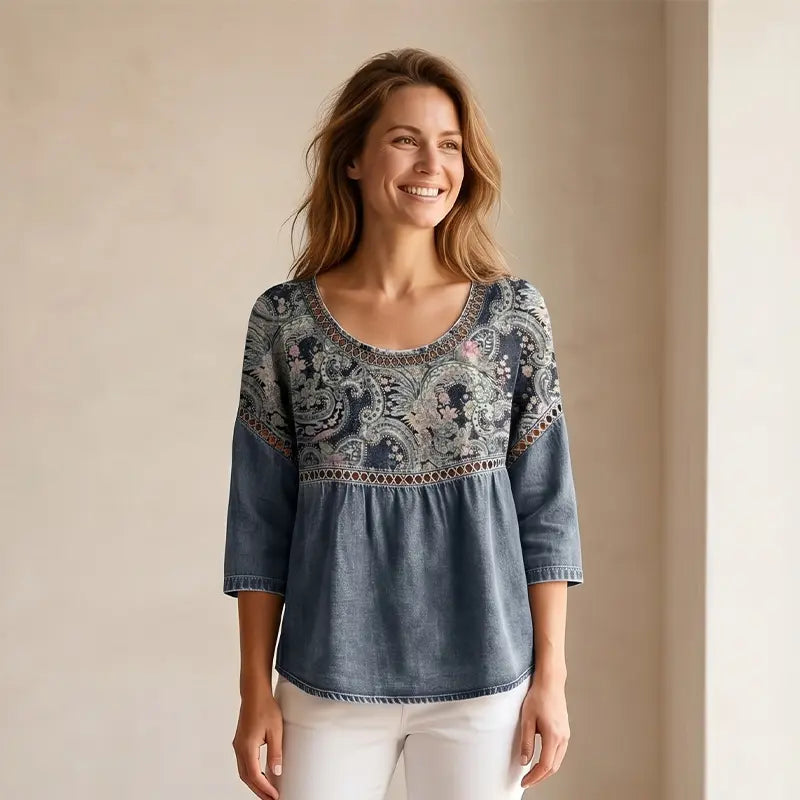 Bluză de Dama în Stil Bohemian cu Imprimeu Vintage – Material Moale și Respirabil, Croială Lejeră Confortabilă, Gât Rotund