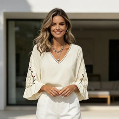 👚 Tricou din dantelă cu broderie decupată, stil boem (Boho)