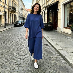 Compleu Vară Damă 2 Piese Lejer: Tricot Fin Moale, Tricou Oversized și Pantaloni Largi Fluizi, Material Respirabil și Fin la Atingere
