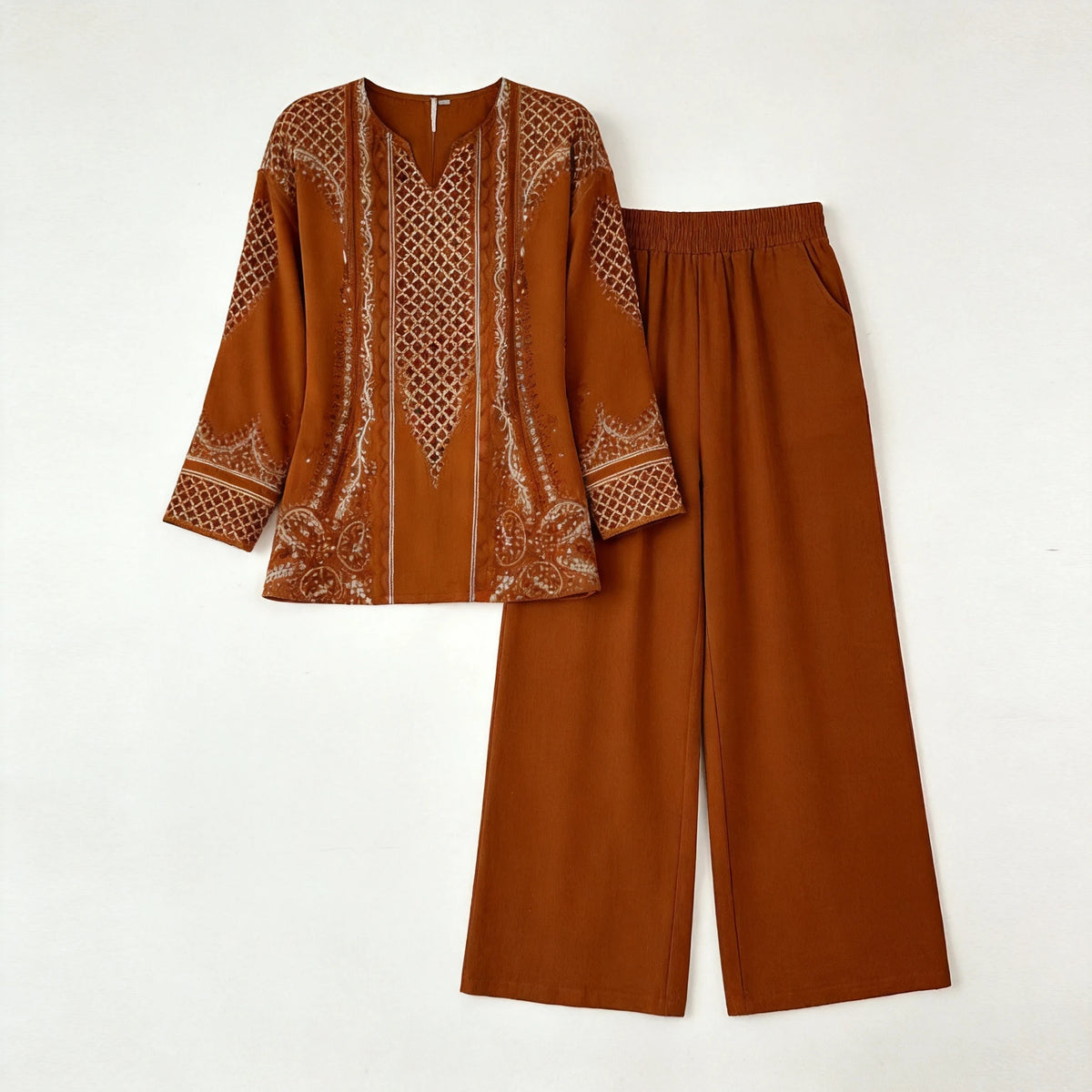 Compleu Damă Elegant din 2 Piese: Bluză cu Imprimeu Vintage și Pantaloni Largi, Material Moale, Respirabil și Lejer