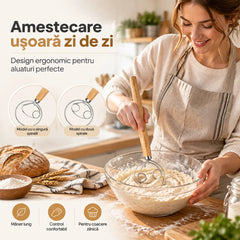🥖 Mixer manual de făină din oțel inoxidabil cu mâner din lemn de stejar  | Instrument indispensabil pentru coacere, frământare și cernere · Cumpără unul și primești unul gratis (primești 2 bucăți) 🌾