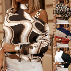 Bluză cu Mâneci Lungi, Umeri Descoperiți și Bretea Metalică – Devino Instant Fashionistă