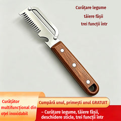 💥Cumpără unul, primești unul GRATUIT💥🔪 Curățător multifuncțional din oțel inoxidabil– Curățare legume, tăiere fâșii, deschidere sticle, trei funcții într-un singur instrument