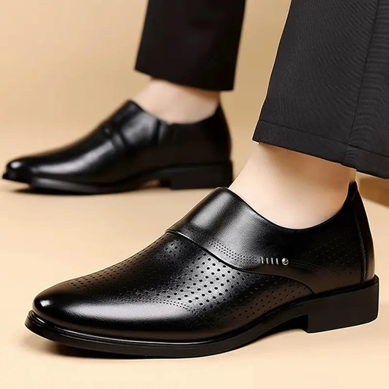 Pantofi Eleganți din Piele Naturală pentru Bărbați, Model de Vară Perforat și Respirabil, Pantofi Oxford Business-Casual Fără Șireturi