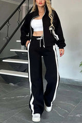 🔥【Foarte economic!】🖤Geacă de damă în dungi, cu fermoar și pantaloni casual, set din 2 piese🔥