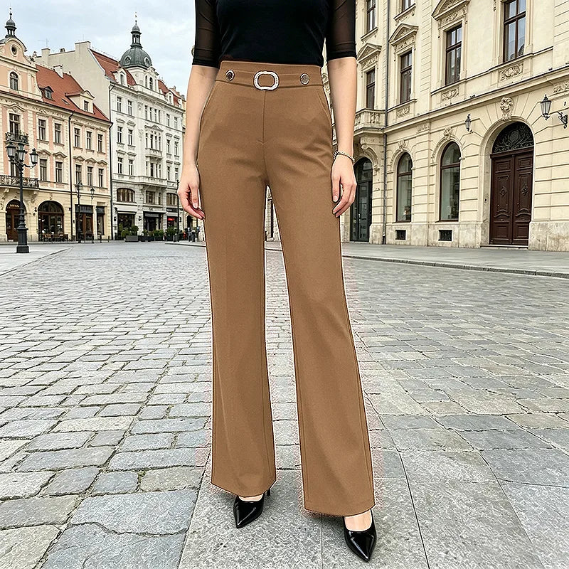 Pantaloni Casual de Damă cu Talie Înaltă și Curea Elegantă – Pantofi de Birou Subțiri și Elastici, Efect de Alungire, Material Fluid și Anti-Șifonare