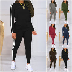 🍁Foarte economic!🍂【Mânecă lungă + Pantaloni】 Set sport și casual pentru femei, uni, cu dungi