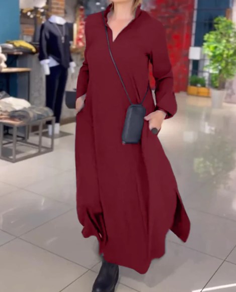 💋【35% OFF】【S-3XL】Αμιγές χρώμα V-λαιμός μακρύ μανίκι casual φόρεμα