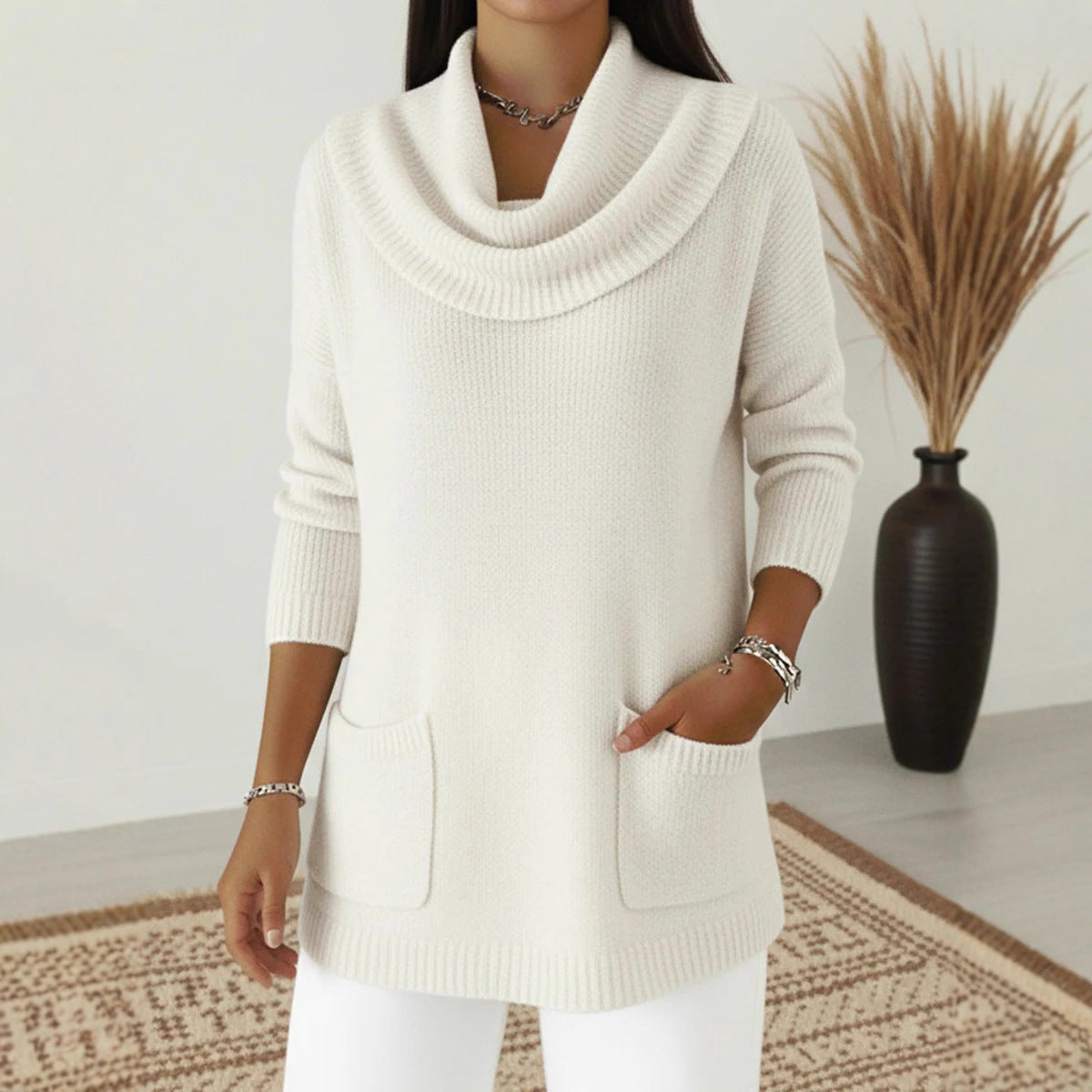 🧶🔥 Pulover Tricotat Monocrom cu Guler Larg