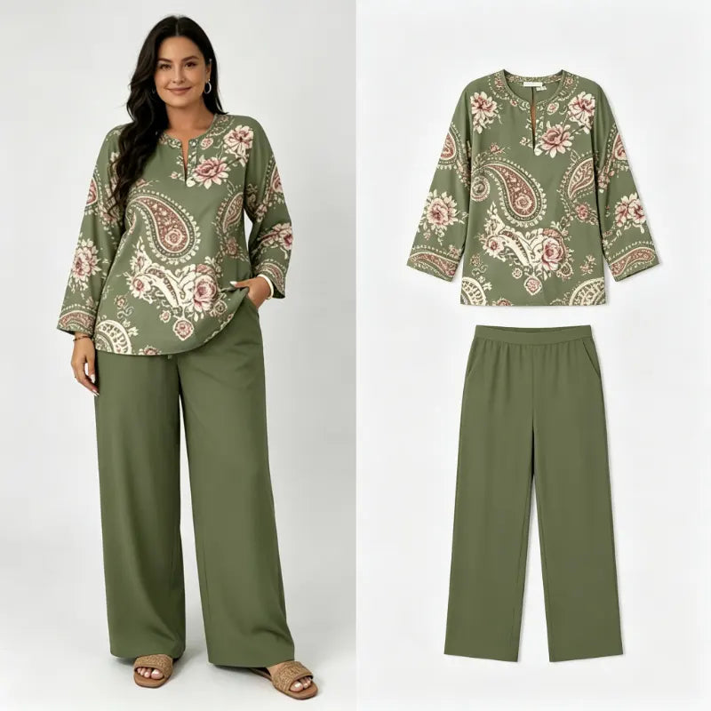 Compleu Dama de Vară din 2 Piese: Bluză Lejeră și Pantaloni Largi cu Imprimeu în Degradé, Set Casual de Vacanță