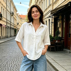 Cămașă de Vară Casual din Bumbac și In Damă: Bluză Lejeră cu Nasturi și Guler în V, Stil Retro Elegant pentru Office și Vacanță