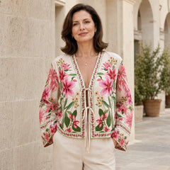 Cardigan Subțire de Vară Stil Boho Chic, Bluză Kimono cu Imprimeu Floral și Șnur de Legat, Top Lejer cu Mâneci Clopot pentru Femei