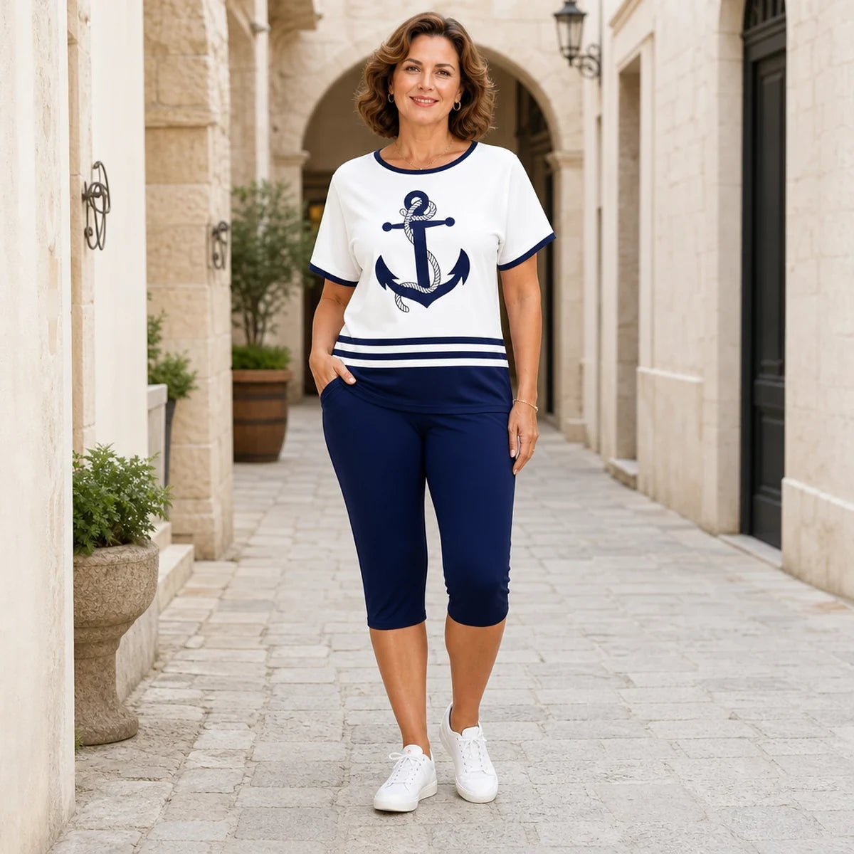 ⚓️ Set de Vară din 2 Piese pentru Femei – Tricou cu Imprimeu Ancoră și Pantaloni Scurți, Stil Maritim
