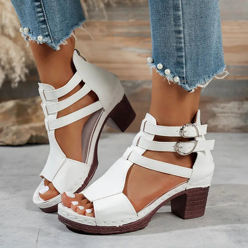 Sandale Romane cu Toc Mediu și Catarame Duble: Design Peep-Toe, Mărimi Mari Confortabile 36-43
