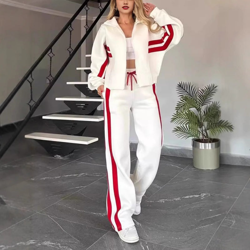 🔥【Foarte economic!】🖤Geacă de damă în dungi, cu fermoar și pantaloni casual, set din 2 piese🔥