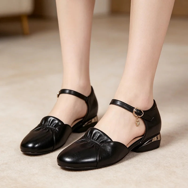 👡 Pantofi de Vară Decupați din Piele Naturală – Vârf Rotund, Toc Gros Lejer și Confort anti-bătături! 🌸 Soft Style