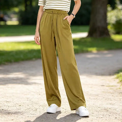 Pantaloni de Vară din Mătase de Gheață 2026: Talie Înaltă, Croială Dreaptă și Material Fluid (4 Culori, Mărimi S-3XL)