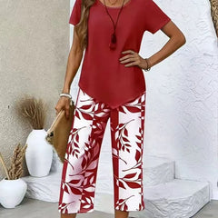 Set Casual de Vară pentru Femei din 2 Piese, Bluză Lejeră cu Tiv Asimetric și Pantaloni Lungi Largi cu Imprimeu cu Frunze, Costum Elegant de Vacanță