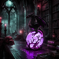 Figurină Gotică Dragon Negru cu Glob Luminos LED Violet, Sculptură Rășină, Lampă Veghe