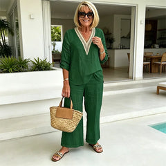 Set Elegant din Bumbac Mărimi Mari: Bluză cu Guler în V și Pantaloni Largi, Confortabil și Stilat, S-3XL