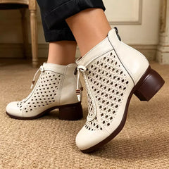 Ghete de Vară din Piele cu Model Perforat și Toc Gros - Stil Retro, Confortabile și Respirabile