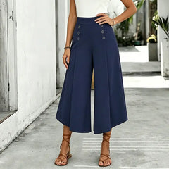 Pantaloni Largi Eleganți cu Talie Înaltă și Butoni Decorativi - Design Asimetric, Stil Modern