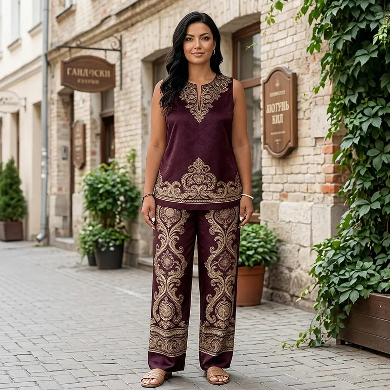 Compleu Damă de Vară din 2 Piese: Top Fără Mâneci și Pantaloni Largi, Model Degradat cu Imprimeu Vintage, Material Moale și Respirabil