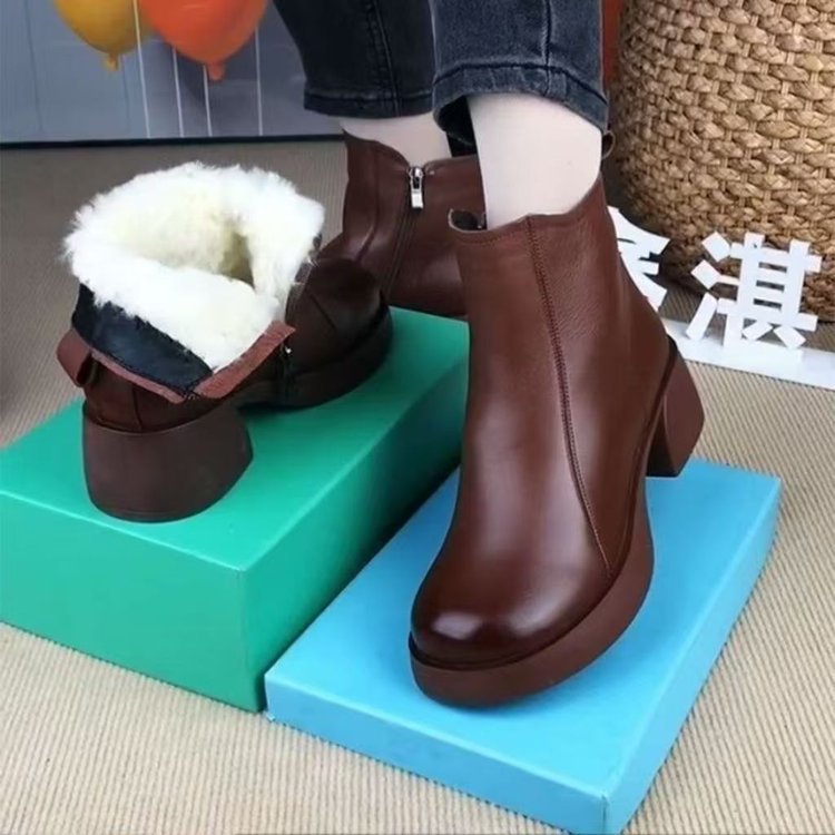 【‼️Ofertă specială】💟【35-40】2024 Cizme retro noi, impermeabile, pentru femei, din piele, călduroase, cu toc gros--3861257