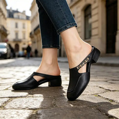 Mules de Damă Eleganți cu Toc Mic și Lanț Metalic – Pantofi de Vară Confortabili, Talpă Moale Antistres, Ameliorează Durerea de Picioare și Susține Arcul Piciorului
