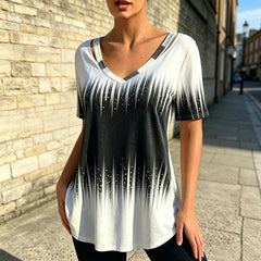 👕Tricou casual din bumbac, cu decolteu în V și imprimeu — efect degrade pentru un look mai modern