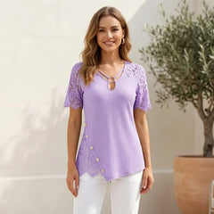 👚Bluză cu mânecă scurtă, din dantelă decupată și material tip waffle, cu design combinat
