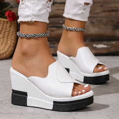⚫⚪【Material din piele naturală îmbunătățit】Papuci moderni cu talpă tip platformă wedge
