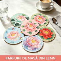 ☕【Set de 6 Bucăți】Suporturi Rotunde din Lemn pentru Masă – Protecție Perfectă a Blatului și Design Vintage Plin de Personalitate!