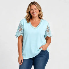 🛍️ Colecția Vară 2026: Tricou Damen Elegant cu Dantescă Brodată și Decolteu în V 💖 Croială Lejeră & Stil Romant | 7 Culori, Mărimi S-5XL