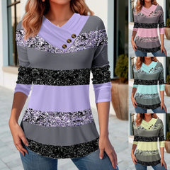 ✨【Nou sosit】Bluza de damă cu mânecă lungă, cu dungi și decolteu în V cu nasturi – Elegantă și Unică