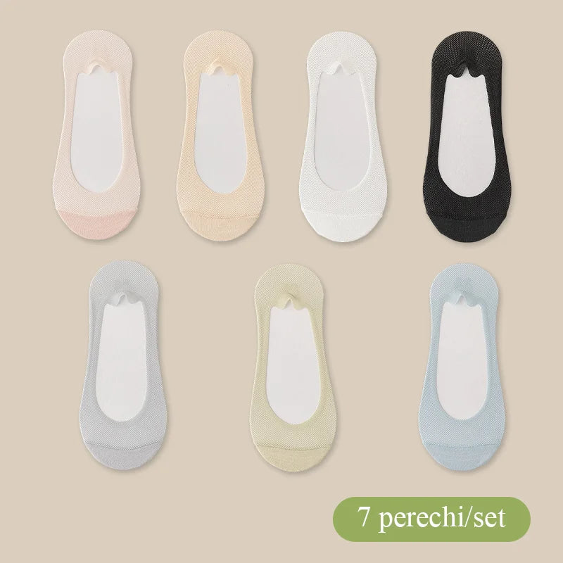 🧦 【Set de 7 perechi】 Șosete scurte din mătase ice, din plasă respirabilă antiderapantă｜Invizibile, nu alunecă de pe călcâi, respirabile și nu încălzesc piciorul