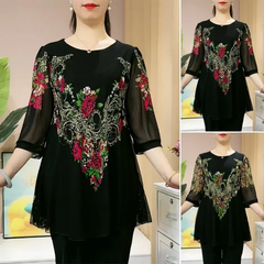 🌺 Tricou lejer din șifon cu imprimeu și aplicații de strasuri, stil modern