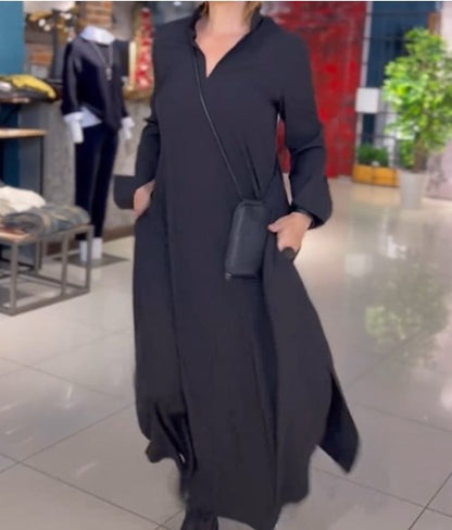 💋【35% OFF】【S-3XL】Αμιγές χρώμα V-λαιμός μακρύ μανίκι casual φόρεμα