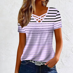 Tricou de Vară Dama cu Decolteu în V și Bretele Încrucișate, Imprimeu Modern cu Dungi, Top Casual cu Mânecă Surtă și Croi Elegant