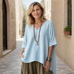 Bluză de Damă Oversize din In și Bumbac, cu Guler în V, Material Moale, Ultra-Respirabil și Prietenos cu Pielea, Stil Casual-Boho