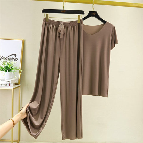 ❤️【M-4XL】Bluză mătăsoasă moale cu mânecă scurtă + pantaloni largi ❤️ Set din 2 piese
