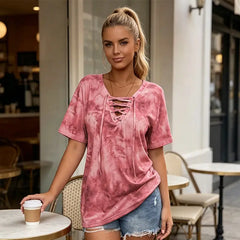 👚 tricou din bumbac, la modă, cu imprimeu tie-dye, decolteu în V și șnururi decorative