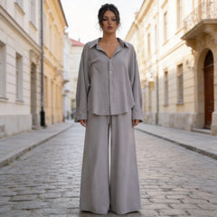 Compleu Damă Elegant din Bumbac și In: Cămașă Lejeră Oversized și Pantaloni Ultra-Largi, Material Moale, Respirabil și Răcoros