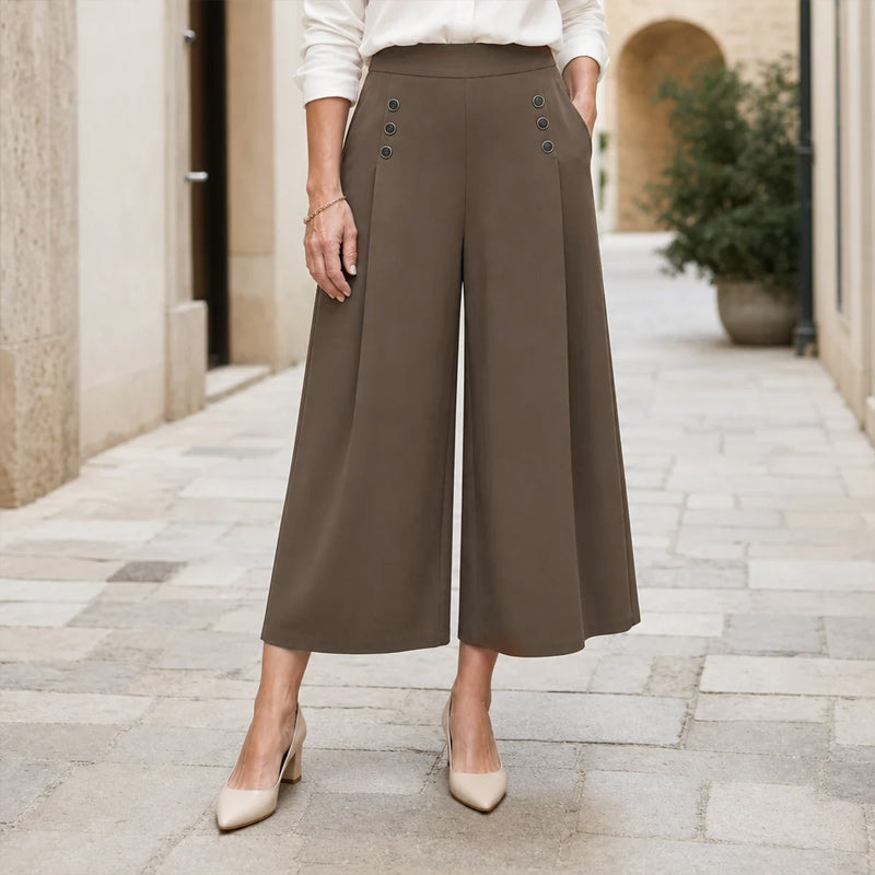 Pantaloni Largi de Damă cu Talie Înaltă, Model Tip Fustă-Pantaloni cu Năsturi Decorativi, Pantaloni Eleganți cu Pliuri