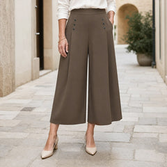 Pantaloni Largi de Damă cu Talie Înaltă, Model Tip Fustă-Pantaloni cu Năsturi Decorativi, Pantaloni Eleganți cu Pliuri