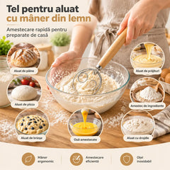 🥖 Mixer manual de făină din oțel inoxidabil cu mâner din lemn de stejar  | Instrument indispensabil pentru coacere, frământare și cernere · Cumpără unul și primești unul gratis (primești 2 bucăți) 🌾